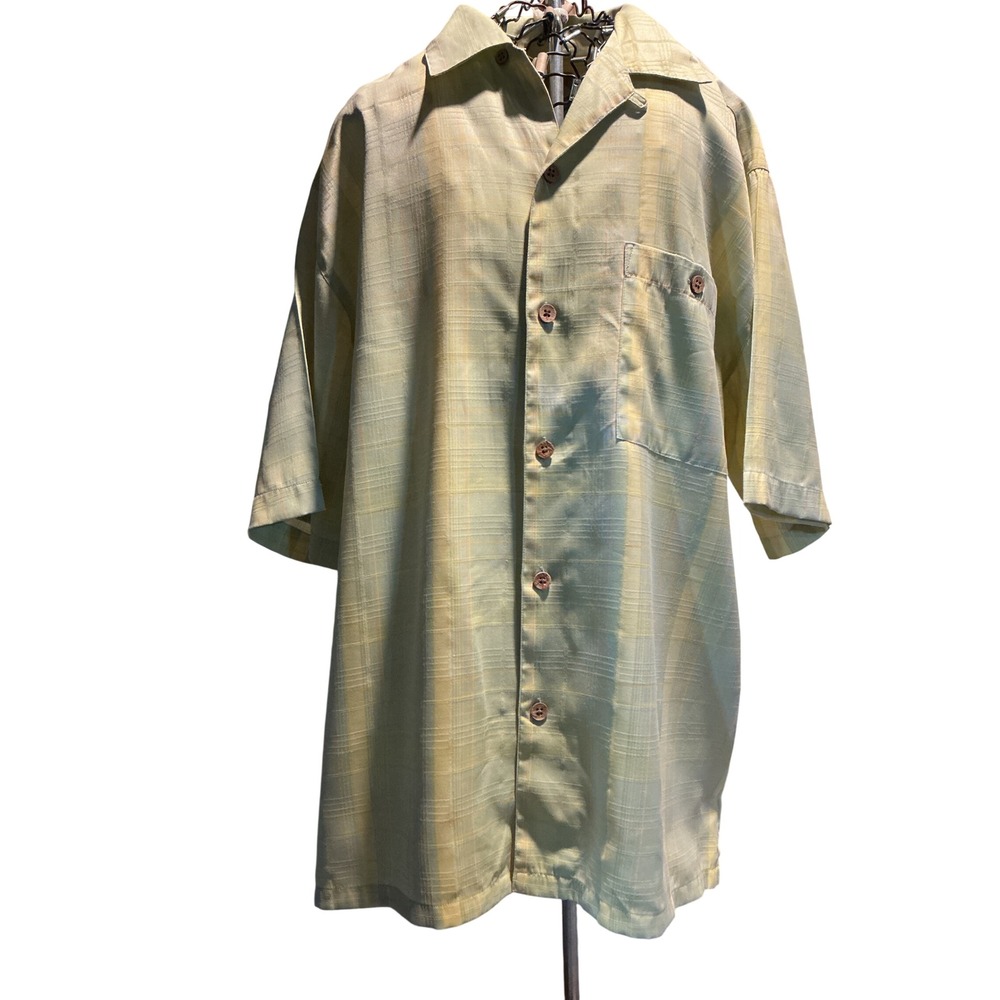 Joe Marlin Mens Large Sage Green Striped Rayon Blend Short Sleeve Camp Shirt